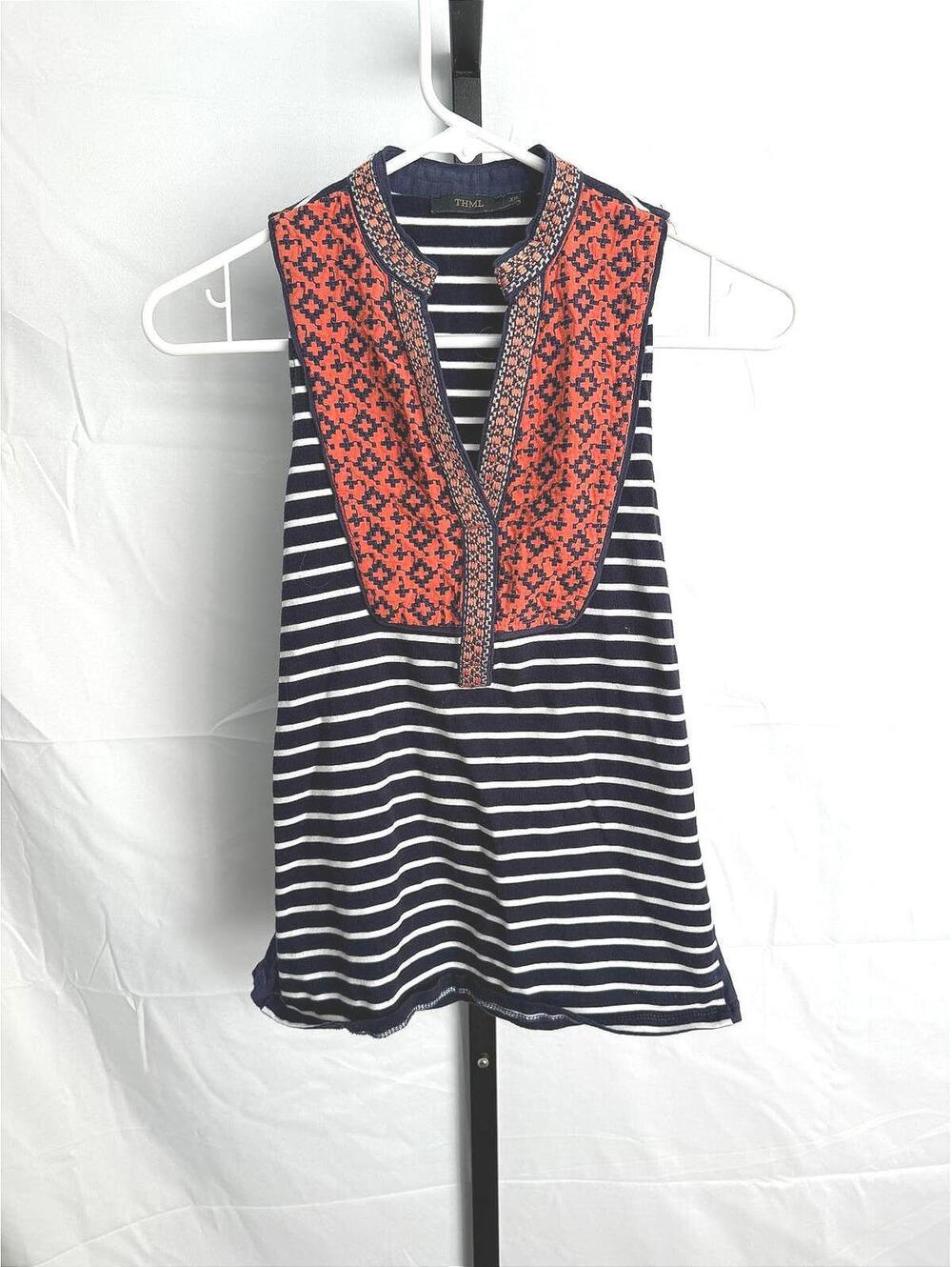 THML Women's Sleeveless Striped Top with Embroidered Front Panel XS